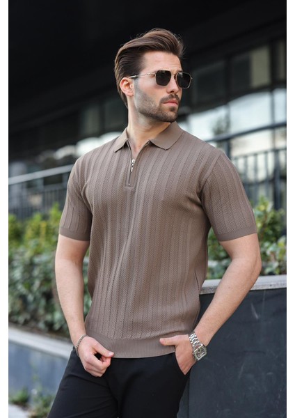 Açık Kahverengi Yarım Fermuarlı Polo Yaka Erkek Kazak E7458