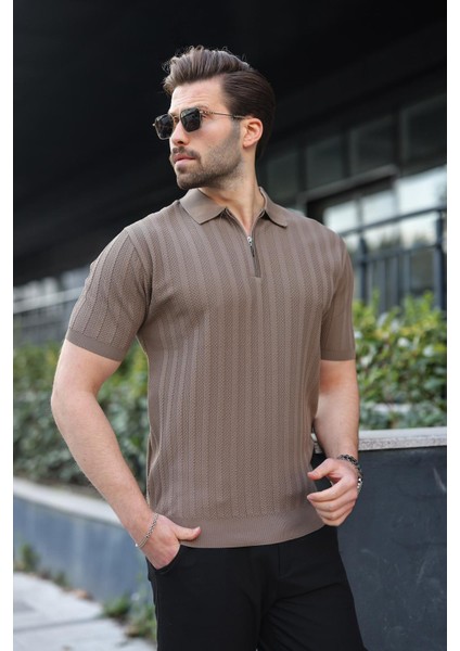 Açık Kahverengi Yarım Fermuarlı Polo Yaka Erkek Kazak E7458 fiyatları
