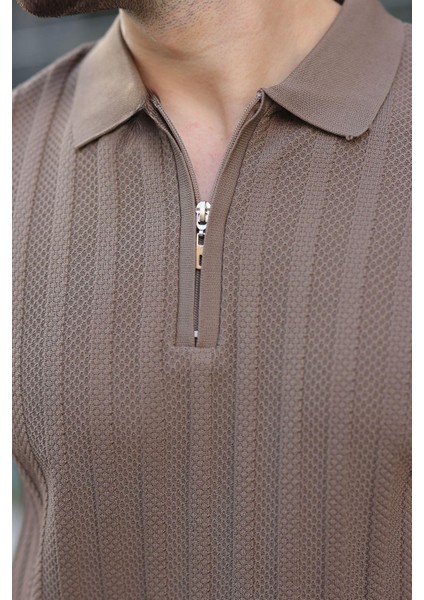 Açık Kahverengi Yarım Fermuarlı Polo Yaka Erkek Kazak E7458 modelleri