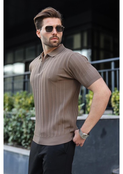 Açık Kahverengi Yarım Fermuarlı Polo Yaka Erkek Kazak E7458 fırsatları