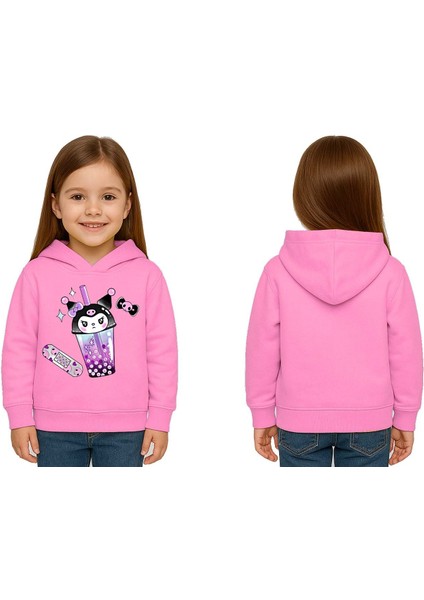 Unisex Baskılı Çocuk Swaetshirt Kapüşonlu 3 Iplik Şardonlu Kuromi Baskılı
