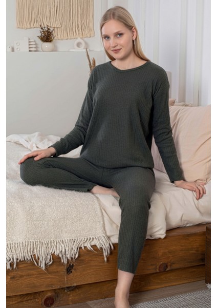 Kalın Kışlık Interlok Şeritli Uzun Kollu Örme Pijama Takımı