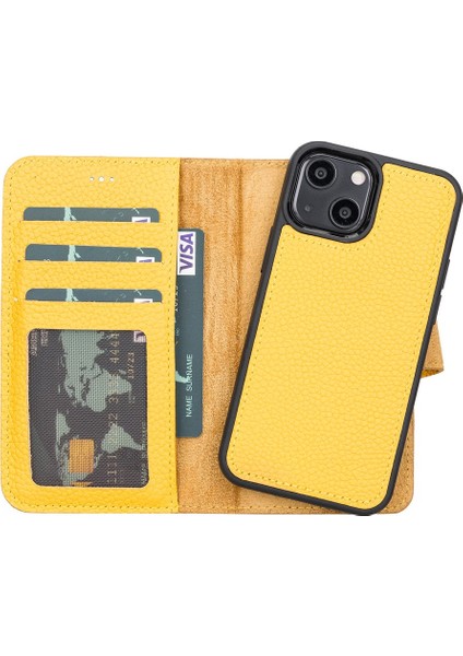 Apple iPhone 13 Mini Uyumlu Deri Cüzdanlı Kılıf FL12 Sarı