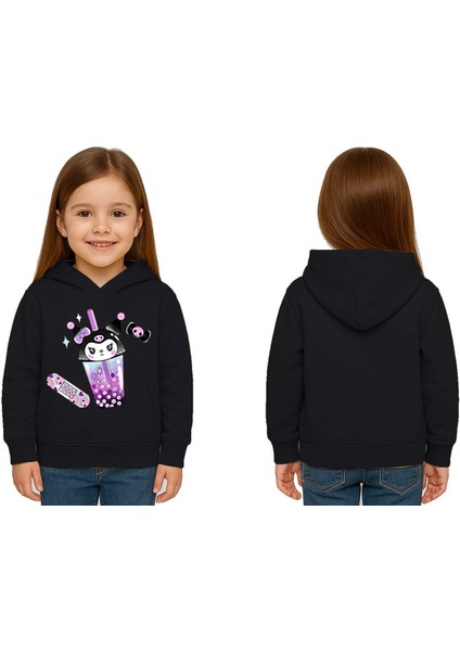 Unisex Baskılı Çocuk Swaetshirt Kapüşonlu 3 Iplik Şardonlu Kuromi Baskılı