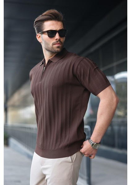 Kahverengi Yarım Fermuarlı Polo Yaka Erkek Kazak E7458 fiyatları