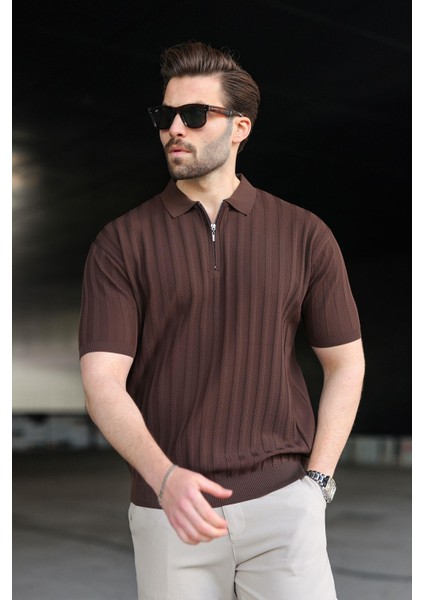 Kahverengi Yarım Fermuarlı Polo Yaka Erkek Kazak E7458 fırsatları