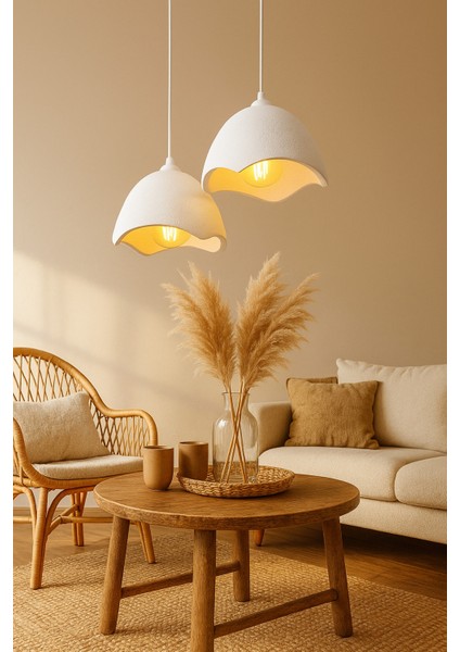 Ikili Beton Görünümlü Şapka Avize Sarkıt Loft Stil Modern, Vegan, Çevre Dostu, Salon Mutfak