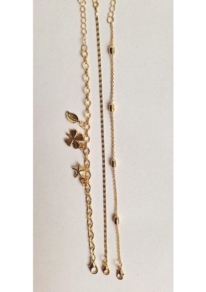 Dört Yapraklı Yonca ve Yıldız Detaylı Gold 3’lü Bileklik Seti