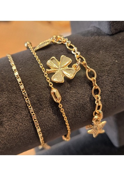 Dört Yapraklı Yonca ve Yıldız Detaylı Gold 3’lü Bileklik Seti modelleri
