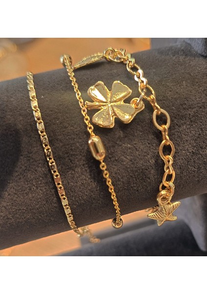 Dört Yapraklı Yonca ve Yıldız Detaylı Gold 3’lü Bileklik Seti fırsatları