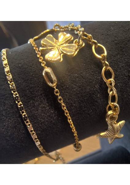 Dört Yapraklı Yonca ve Yıldız Detaylı Gold 3’lü Bileklik Seti indirimleri