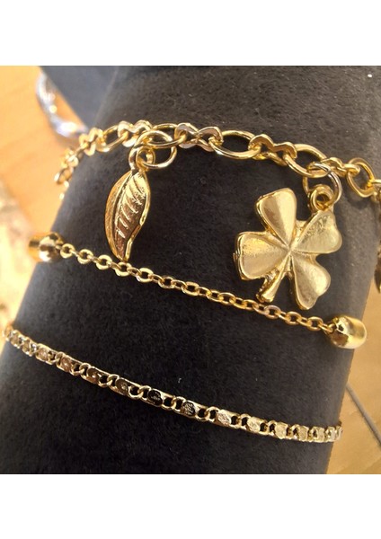 Dört Yapraklı Yonca ve Yıldız Detaylı Gold 3’lü Bileklik Seti
