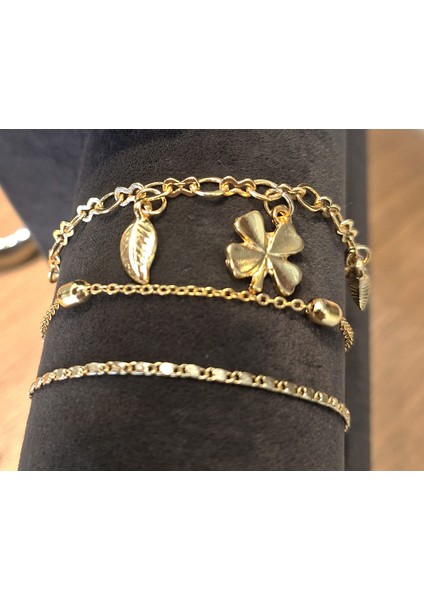 Dört Yapraklı Yonca ve Yıldız Detaylı Gold 3’lü Bileklik Seti