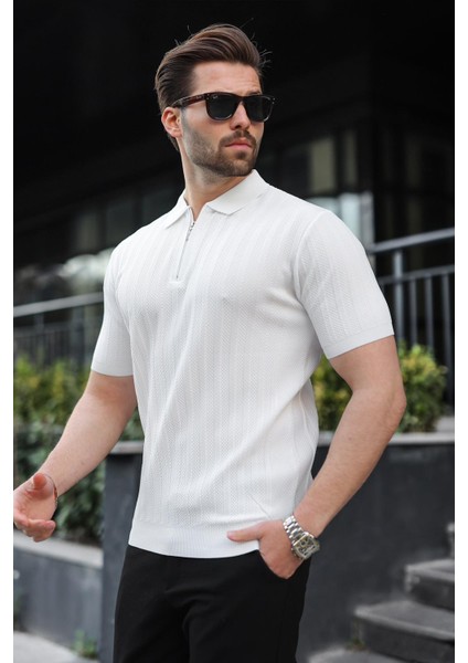 Beyaz Yarım Fermuarlı Polo Yaka Erkek Kazak E7458