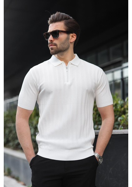Beyaz Yarım Fermuarlı Polo Yaka Erkek Kazak E7458 fiyatları