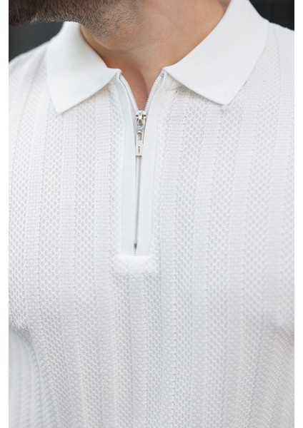 Beyaz Yarım Fermuarlı Polo Yaka Erkek Kazak E7458 modelleri