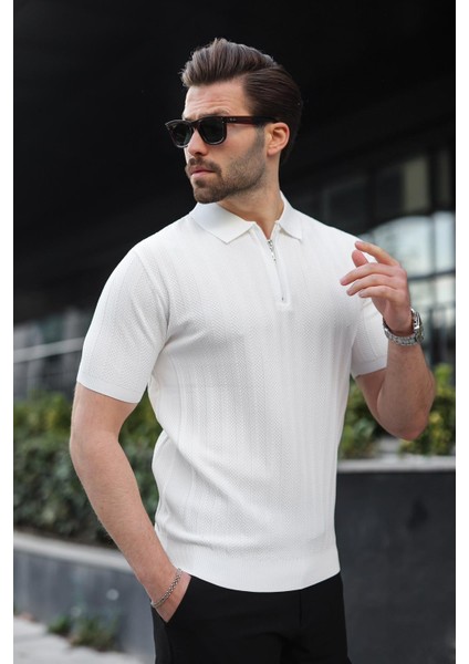 Beyaz Yarım Fermuarlı Polo Yaka Erkek Kazak E7458 fırsatları