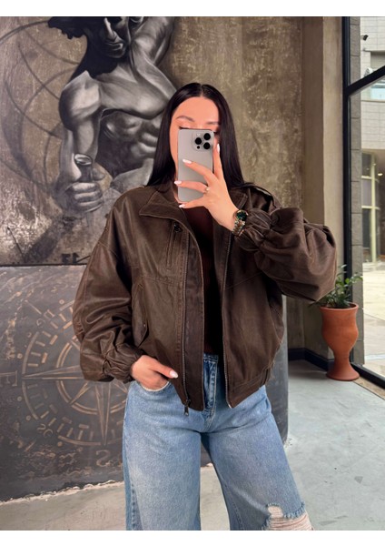 Roger Kolları Lastikli Cepli Fermuarlı Deri Görünümlü Bomber Kahverengi