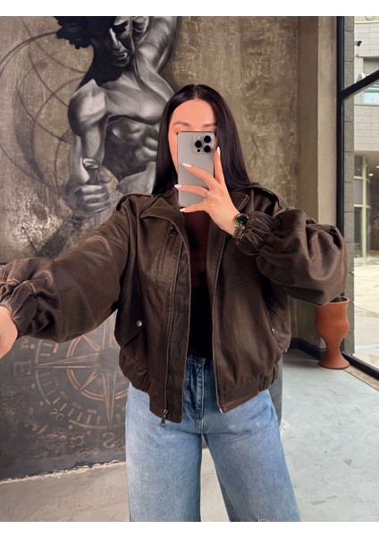 Roger Kolları Lastikli Cepli Fermuarlı Deri Görünümlü Bomber Kahverengi fiyatları