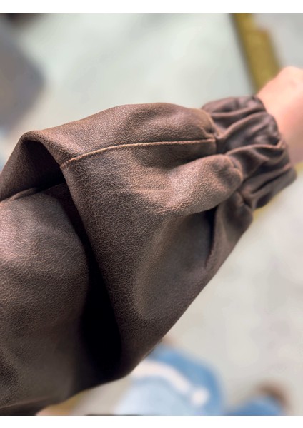 Roger Kolları Lastikli Cepli Fermuarlı Deri Görünümlü Bomber Kahverengi fırsatları