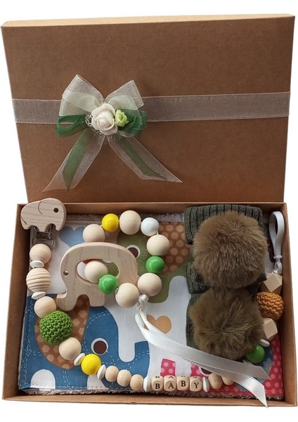 Hoşgeldin Bebek, Unisex, Yenidoğan Bebek, Fil Motifli Isimli Emzik Askısı Hediye Seti