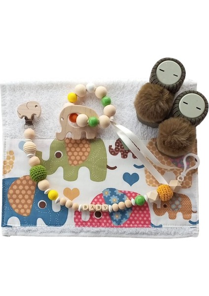 Hoşgeldin Bebek, Unisex, Yenidoğan Bebek, Fil Motifli Isimli Emzik Askısı Hediye Seti fiyatları