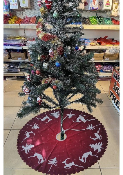 Koyu Kırmızı Beyaz Geyik Desenli Yılbaşı Ağacı Örtüsü ve Altlığı