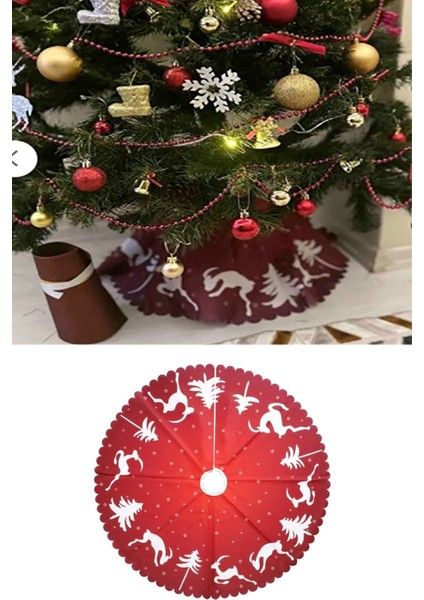 Koyu Kırmızı Beyaz Geyik Desenli Yılbaşı Ağacı Örtüsü ve Altlığı modelleri