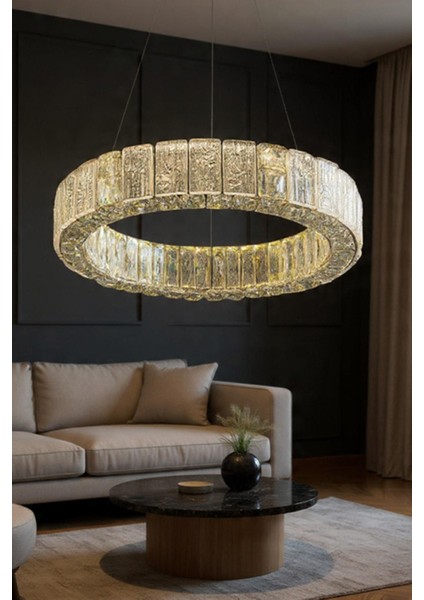 Liva 60 cm Kristal Taş Detaylı LED Avize – Salon & Oturma Odası