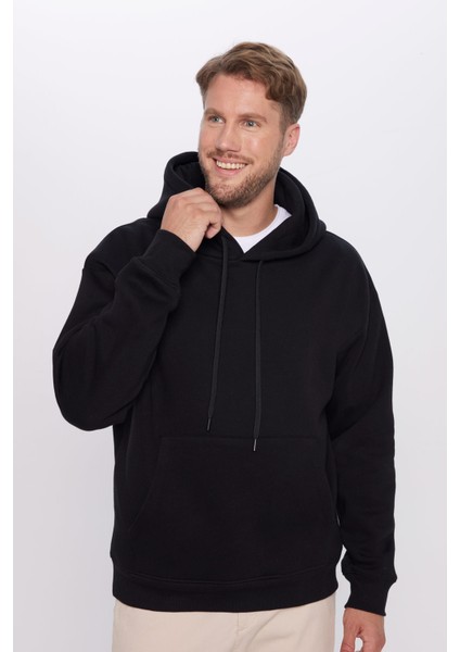 Unisex Oversize Geniş Kesim Pamuklu Yumuşak Dokulu Içi Polarlı Basic Siyah Kapüşonlu Sweatshirt