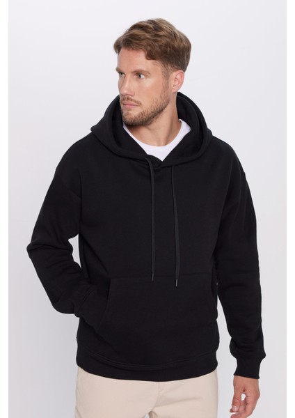 Unisex Oversize Geniş Kesim Pamuklu Yumuşak Dokulu Içi Polarlı Basic Siyah Kapüşonlu Sweatshirt fiyatları