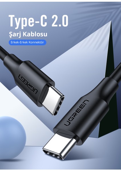 USB-C 60W 3A QC PD Hızlı Şarj Kablosu, 2 m, Siyah, 10306