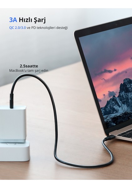 USB-C 60W 3A QC PD Hızlı Şarj Kablosu, 2 m, Siyah, 10306