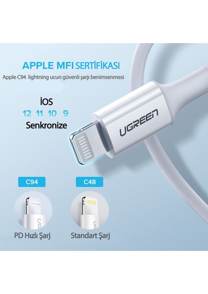 USB-C - Lightning 3A PD MFi Sertifikalı Hızlı Şarj Kablosu, 1 m, Beyaz, 10493 modelleri