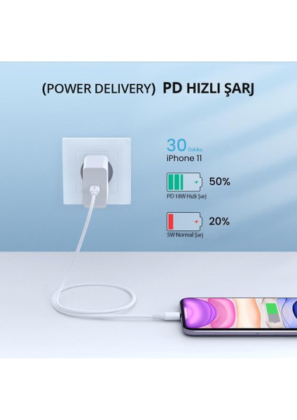 USB-C - Lightning 3A PD MFi Sertifikalı Hızlı Şarj Kablosu, 1 m, Beyaz, 10493