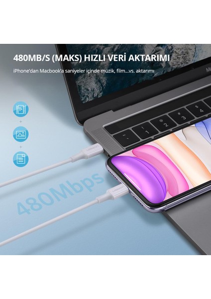 USB-C - Lightning 3A PD MFi Sertifikalı Hızlı Şarj Kablosu, 1 m, Beyaz, 10493