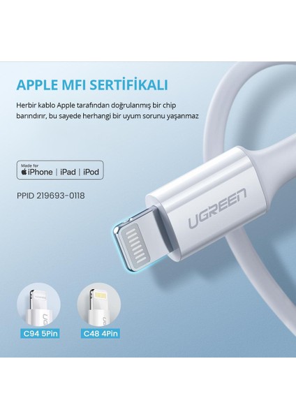 USB-C - Lightning 3A PD MFi Sertifikalı Hızlı Şarj Kablosu, 1 m, Beyaz, 10493