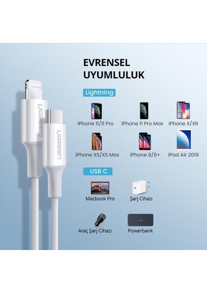 USB-C - Lightning 3A PD MFi Sertifikalı Hızlı Şarj Kablosu, 1 m, Beyaz, 10493