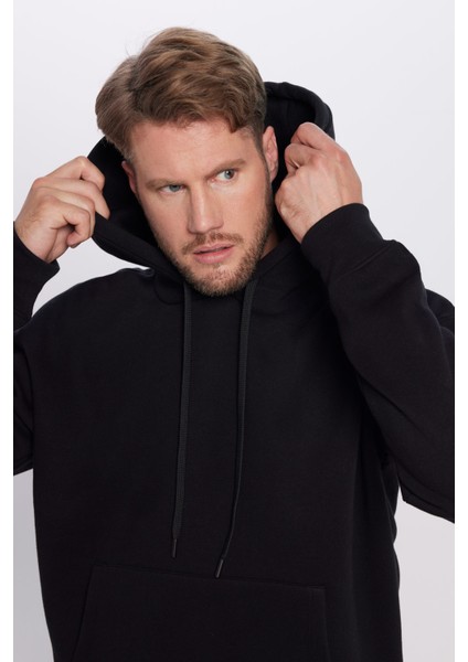 Unisex Oversize Geniş Kesim Pamuklu Yumuşak Dokulu Içi Polarlı Basic Siyah Kapüşonlu Sweatshirt fiyatları
