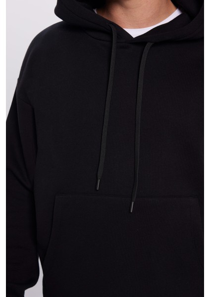 Unisex Oversize Geniş Kesim Pamuklu Yumuşak Dokulu Içi Polarlı Basic Siyah Kapüşonlu Sweatshirt modelleri