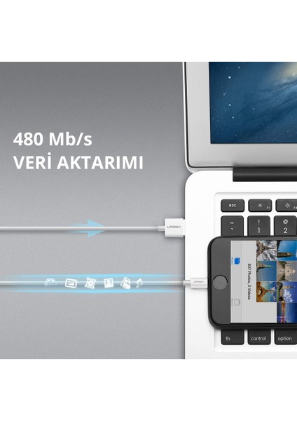 Lightning - USB-A MFi Sertifikalı İphone Hızlı Şarj Kablosu, 1 m, Beyaz, 20728
