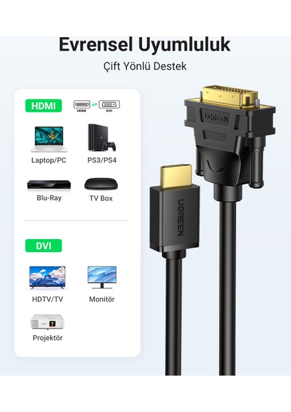 HDMI to DVI 1080P Çift Yönlü Görüntü Aktarma Kablosu, 3 Metre, 10136