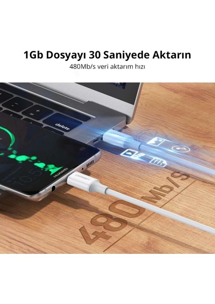 USB-C 100W 5A QC PD Hızlı Şarj Kablosu, 1 m, Beyaz, 60551