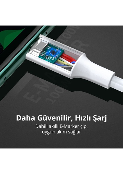 USB-C 100W 5A QC PD Hızlı Şarj Kablosu, 1 m, Beyaz, 60551