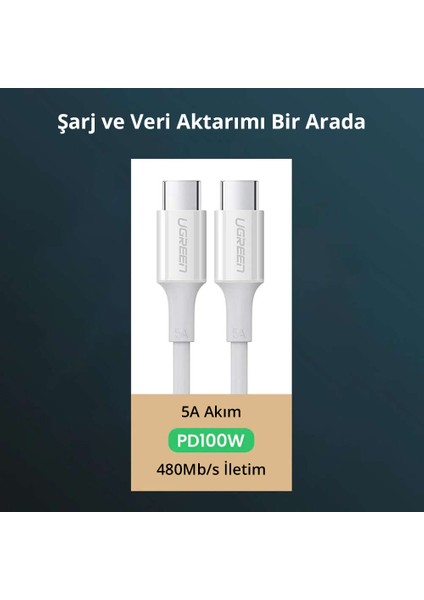 USB-C 100W 5A QC PD Hızlı Şarj Kablosu, 1 m, Beyaz, 60551