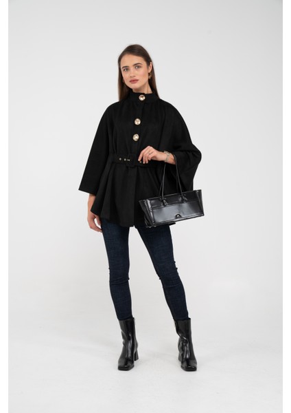 Süet Dokulu Kuşaklı Altın Düğmeli Kadın Pelerin Kap 9000