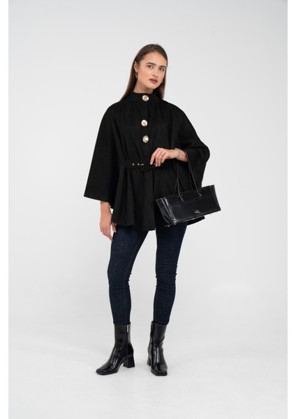 Süet Dokulu Kuşaklı Altın Düğmeli Kadın Pelerin Kap 9000 fiyatları