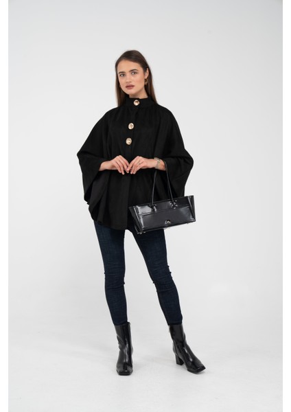 Süet Dokulu Kuşaklı Altın Düğmeli Kadın Pelerin Kap 9000 modelleri