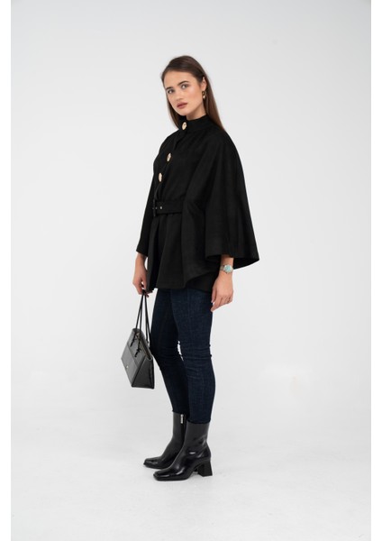 Süet Dokulu Kuşaklı Altın Düğmeli Kadın Pelerin Kap 9000 fırsatları