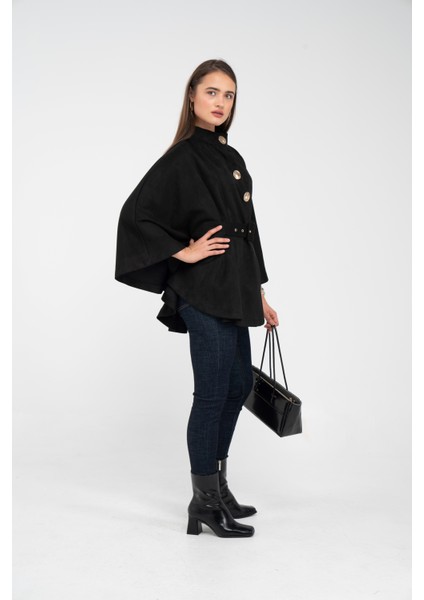 Süet Dokulu Kuşaklı Altın Düğmeli Kadın Pelerin Kap 9000 indirimleri